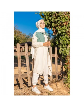 Veste longue bicolore à capuche (Casual Modest Fashion) - Couleur blanc et menthe 