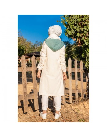 Veste longue bicolore à capuche (Casual Modest Fashion) - Couleur blanc et menthe 