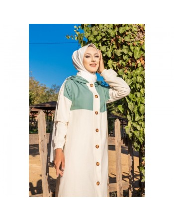 Veste longue bicolore à capuche (Casual Modest Fashion) - Couleur blanc et menthe 