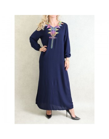 Robe fluide d'été à manches longues avec broderies multicolore -Couleur Bleu marine 