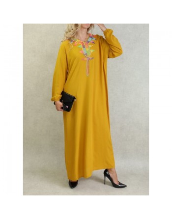Robe fluide d'été à manches longues avec broderies multicolore - Couleur Jaune moutarde 