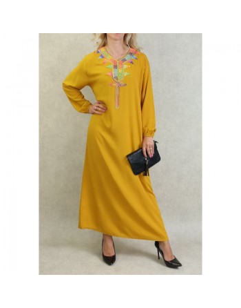 Robe fluide d'été à manches longues avec broderies multicolore - Couleur Jaune moutarde 