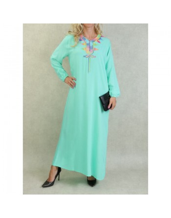 Robe fluide à manches longues avec broderies multicolore - Couleur Vert d'eau 