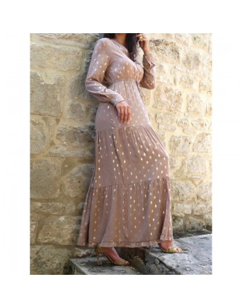 Robe maxi-longue chic à volants pour femme - Couleur Taupe avec motifs dorés 