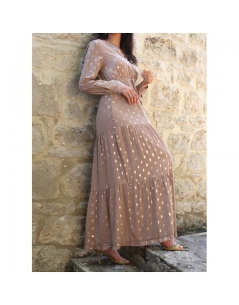 Robe maxi-longue chic à volants pour femme - Couleur Taupe avec motifs dorés 