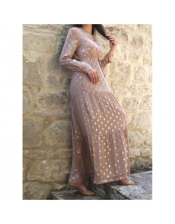 Robe maxi-longue chic à volants pour femme - Couleur Taupe avec motifs dorés 