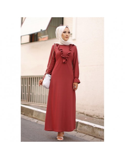 Robe longue bordée d’un volant pour femme (Vêtement style habillé pour hijab) - Couleur rose Robe longue bordée d’un volant pour femme (Vêtement style habillé pour hijab) - Couleur rose