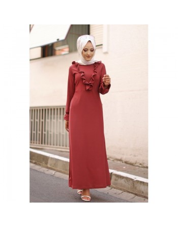 Robe longue bordée d’un volant pour femme (Vêtement style habillé pour hijab) - Couleur rose 
