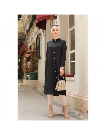 Chemise longue boutonnée nouvelle saison (Vêtement ample pour femme) - Couleur noir 