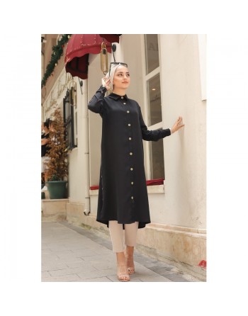 Chemise longue boutonnée nouvelle saison (Vêtement ample pour femme) - Couleur noir 
