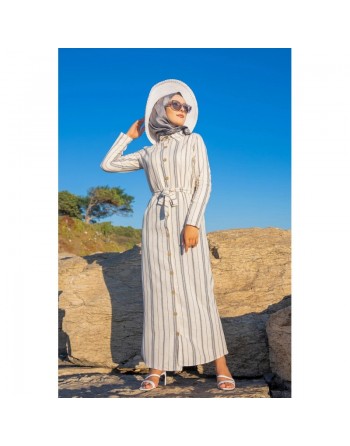 Robe chemise très longue à rayures (Hijab femme voilée chic) - Couleur Crème et gris 