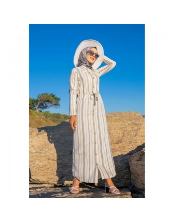 Robe chemise très longue à rayures (Hijab femme voilée chic) - Couleur Crème et gris 