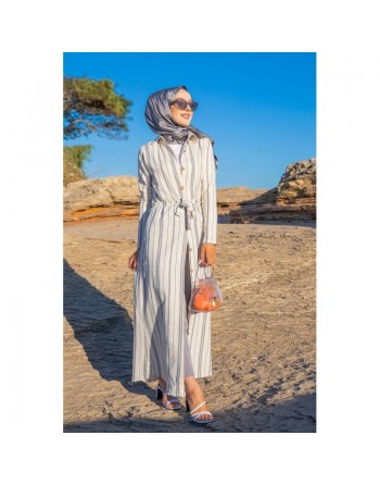 Robe chemise très longue à rayures (Hijab femme voilée chic) - Couleur Crème et gris 
