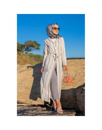 Robe chemise très longue à rayures (Hijab femme voilée chic) - Couleur Crème et gris 