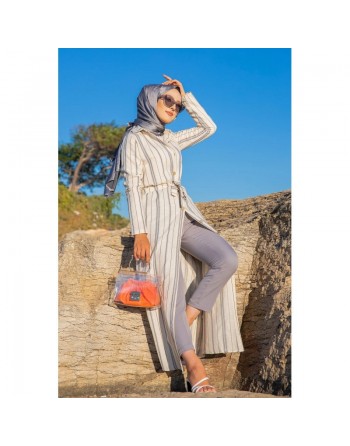 Robe chemise très longue à rayures (Hijab femme voilée chic) - Couleur Crème et gris 