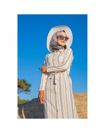 Robe chemise très longue à rayures (Hijab femme voilée chic) - Couleur Crème et gris 
