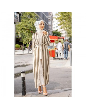 Robe à rayures boutonnée (ouverte) avec ceinture assortie (Vetement hijab été femme musulmane) - Couleur crème et kaki 