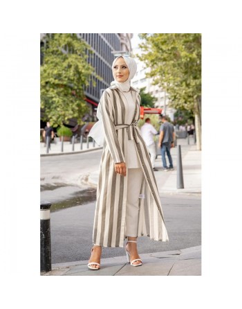 Robe à rayures boutonnée (ouverte) avec ceinture assortie (Vetement hijab été femme musulmane) - Couleur crème et kaki 
