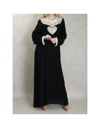 Robe longue style oriental avec borderie originale sous forme de coeur pour femme - Couleur noir 
