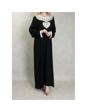 Robe longue style oriental avec borderie originale sous forme de coeur pour femme - Couleur noir 