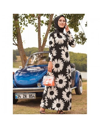 Robe en crêpe florale pour femme - Couleur noir et blanc 