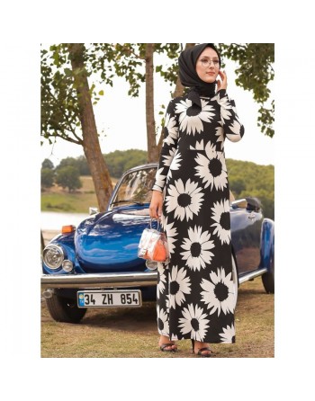 Robe en crêpe florale pour femme - Couleur noir et blanc 
