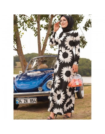 Robe en crêpe florale pour femme - Couleur noir et blanc 