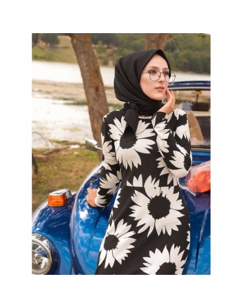 Robe en crêpe florale pour femme - Couleur noir et blanc 