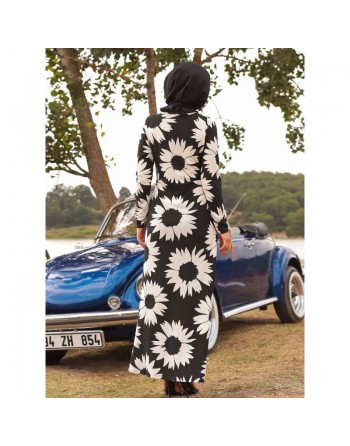 Robe en crêpe florale pour femme - Couleur noir et blanc 