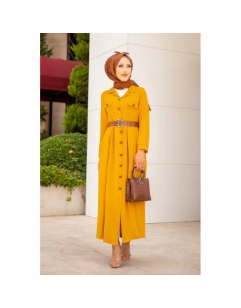 Robe longue casual boutonnée avec sa ceinture (Vetement hijab chic pour femme) - Couleur Jaune moutarde 