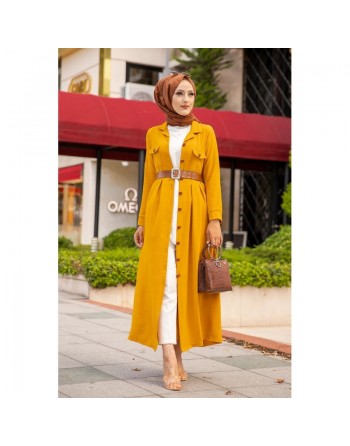 Robe longue casual boutonnée avec sa ceinture (Vetement hijab chic pour femme) - Couleur Jaune moutarde 