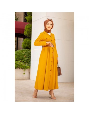 Robe longue casual boutonnée avec sa ceinture (Vetement hijab chic pour femme) - Couleur Jaune moutarde 