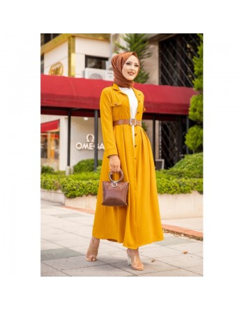 Robe longue casual boutonnée avec sa ceinture (Vetement hijab chic pour femme) - Couleur Jaune moutarde 
