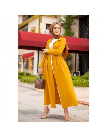 Robe longue casual boutonnée avec sa ceinture (Vetement hijab chic pour femme) - Couleur Jaune moutarde 