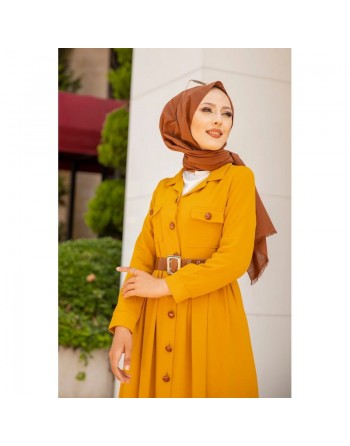 Robe longue casual boutonnée avec sa ceinture (Vetement hijab chic pour femme) - Couleur Jaune moutarde 