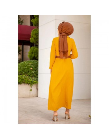 Robe longue casual boutonnée avec sa ceinture (Vetement hijab chic pour femme) - Couleur Jaune moutarde 