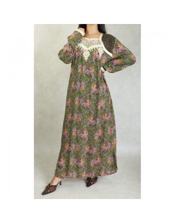 Robe longue brodée à motif cachemire pour femme - Couleur Vert kaki 