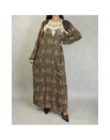 Robe longue brodée à motif cachemire pour femme - Couleur Vert kaki 