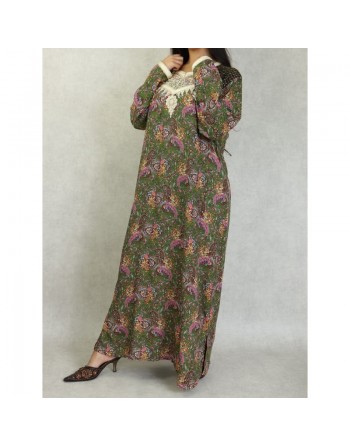 Robe longue brodée à motif cachemire pour femme - Couleur Vert kaki 
