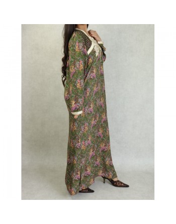 Robe longue brodée à motif cachemire pour femme - Couleur Vert kaki 