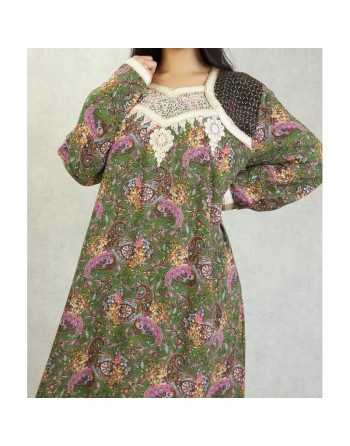 Robe longue brodée à motif cachemire pour femme - Couleur Vert kaki 