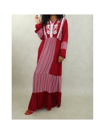 Robe coton à manches longues à rayures et broderies florales pour femme - Couleur bordeaux 
