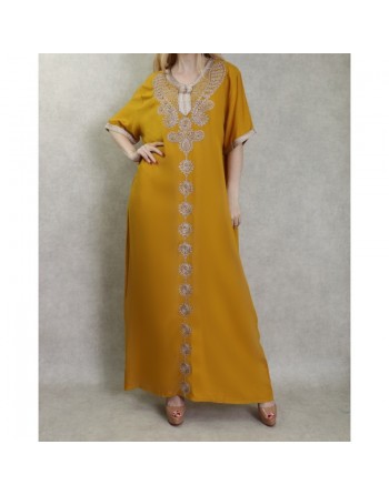 Robe d'intérieur brodée manches courtes avec perles - Couleur moutarde 