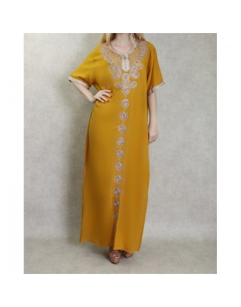 Robe d'intérieur brodée manches courtes avec perles - Couleur moutarde 
