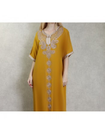 Robe d'intérieur brodée manches courtes avec perles - Couleur moutarde 