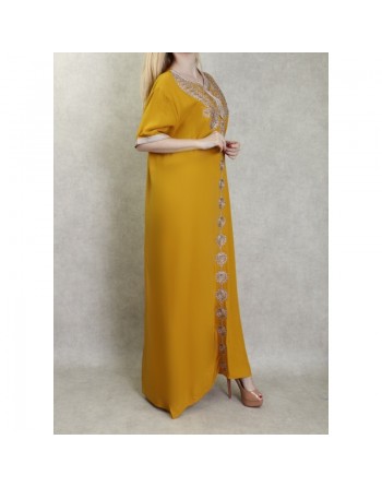 Robe d'intérieur brodée manches courtes avec perles - Couleur moutarde 