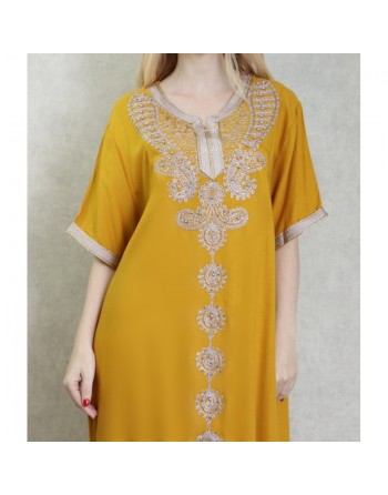 Robe d'intérieur brodée manches courtes avec perles - Couleur moutarde 