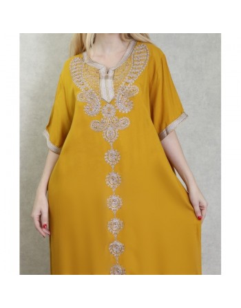 Robe d'intérieur brodée manches courtes avec perles - Couleur moutarde 