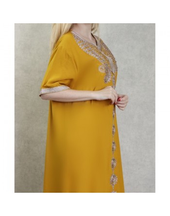 Robe d'intérieur brodée manches courtes avec perles - Couleur moutarde 