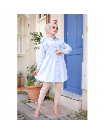Chemise à froufrou (Vetement femme voilée chic) - Couleur bleu ciel 